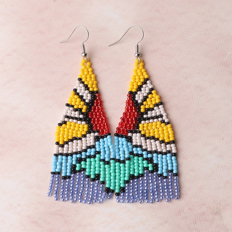 Beaded Landscape Fringe Statement Earrings - Red
