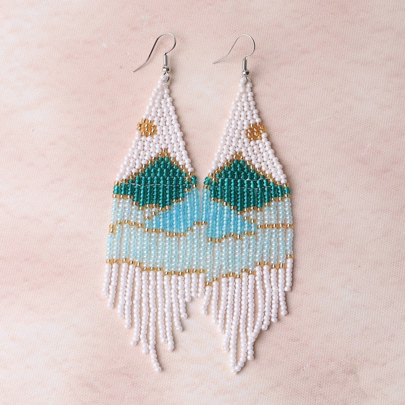 Beaded Landscape Fringe Statement Earrings - White