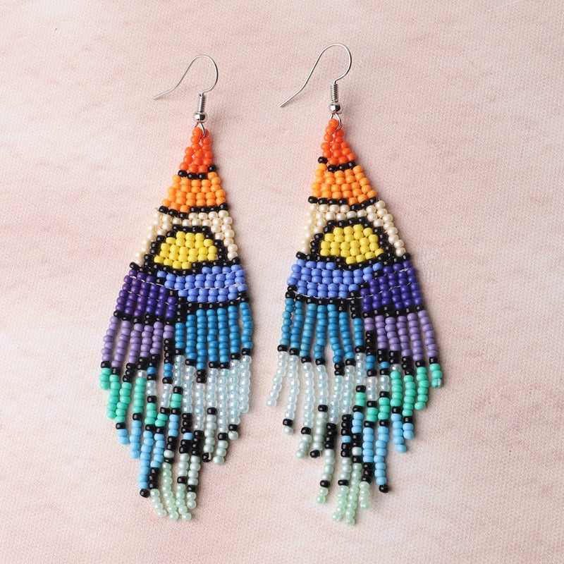 Beaded Landscape Fringe Statement Earrings - Yellow_2