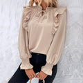 Ruffle Trim Tie Neck Satin Blouse - Apricot