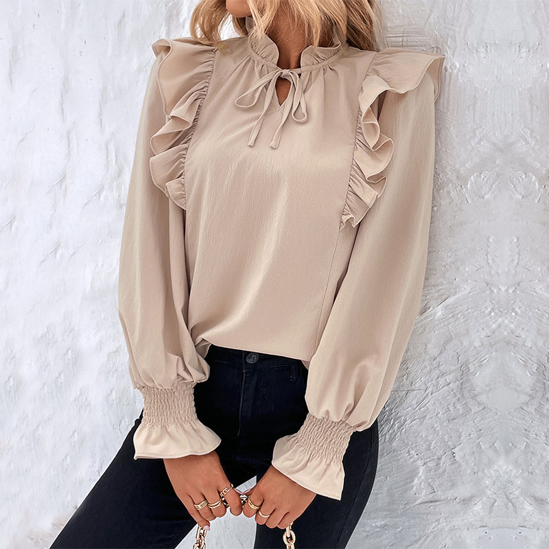 Ruffle Trim Tie Neck Satin Blouse - Apricot