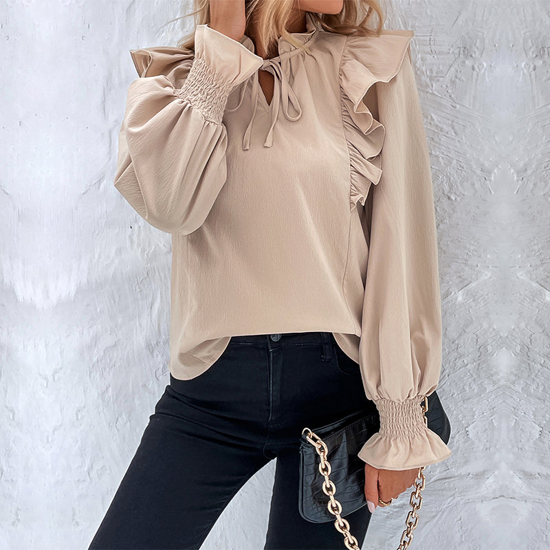 Ruffle Trim Tie Neck Satin Blouse - Apricot - 1