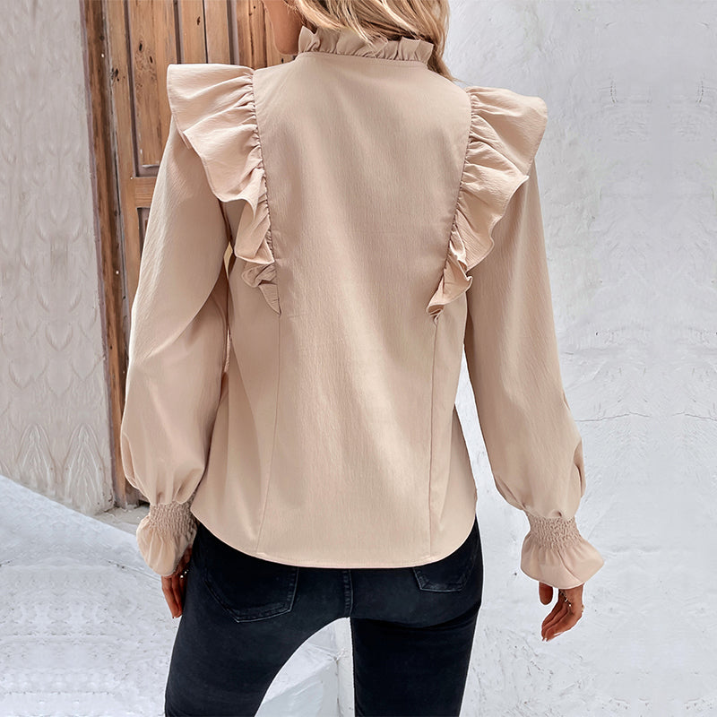 Ruffle Trim Tie Neck Satin Blouse - Apricot - 2