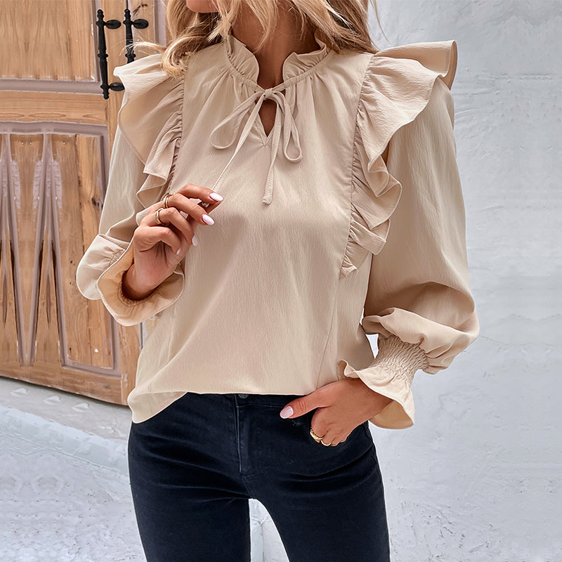 Ruffle Trim Tie Neck Satin Blouse - Apricot - 3