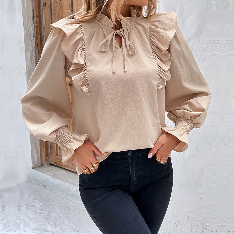 Ruffle Trim Tie Neck Satin Blouse - Apricot - 4