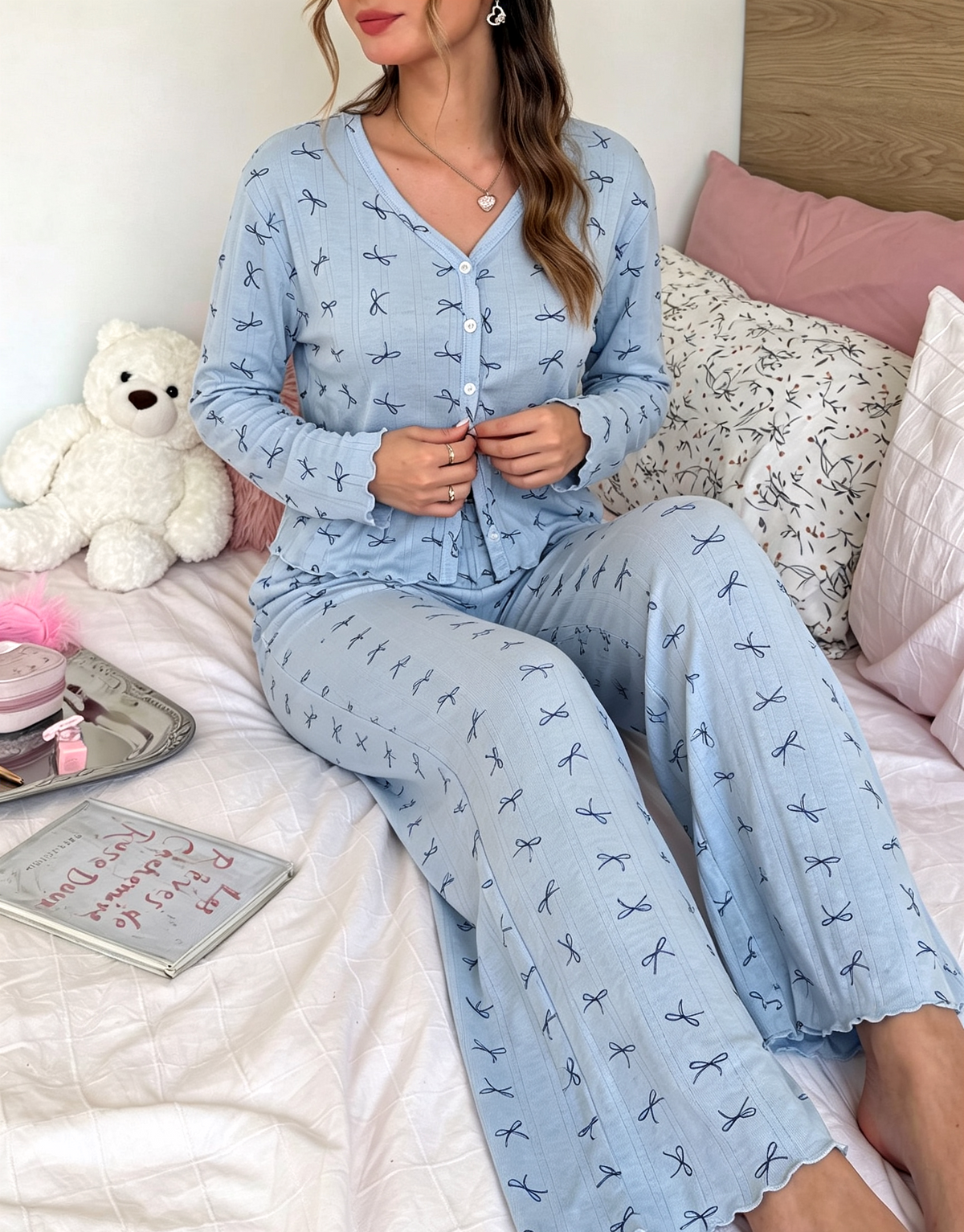 Ruffle Waist Button Front Pajama Set - Blue - 2