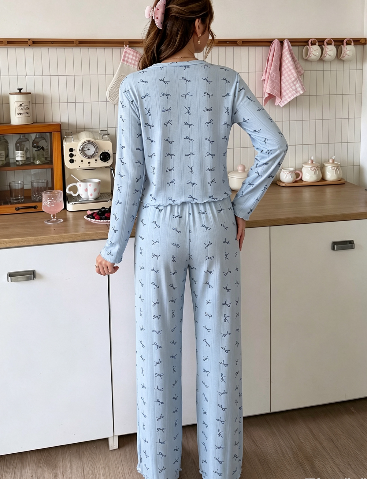 Ruffle Waist Button Front Pajama Set - Blue - 3