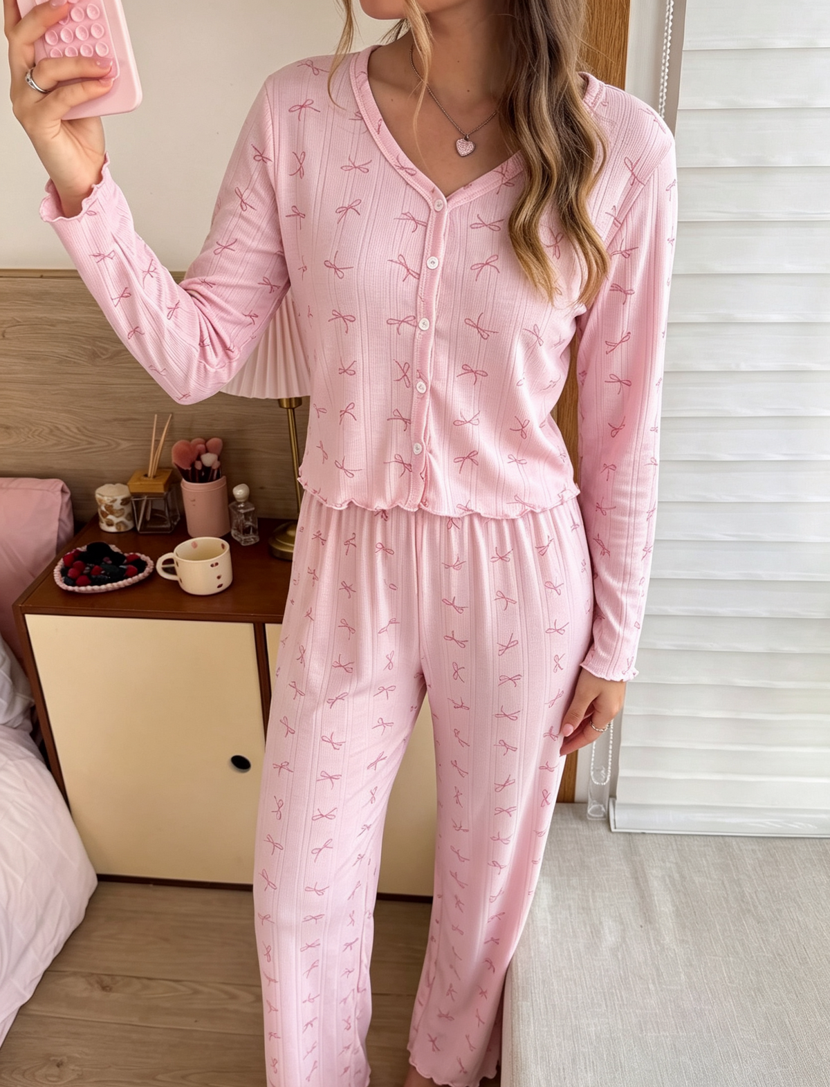 Ruffle Waist Button Front Pajama Set - Pink - 1