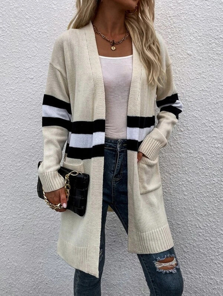 Striped Colorblock Longline Cardigan With Pockets - Apricot