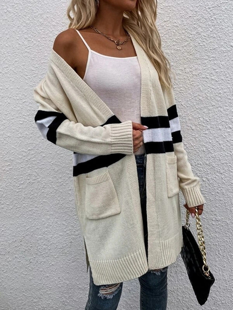 Striped Colorblock Longline Cardigan With Pockets - Apricot - 1