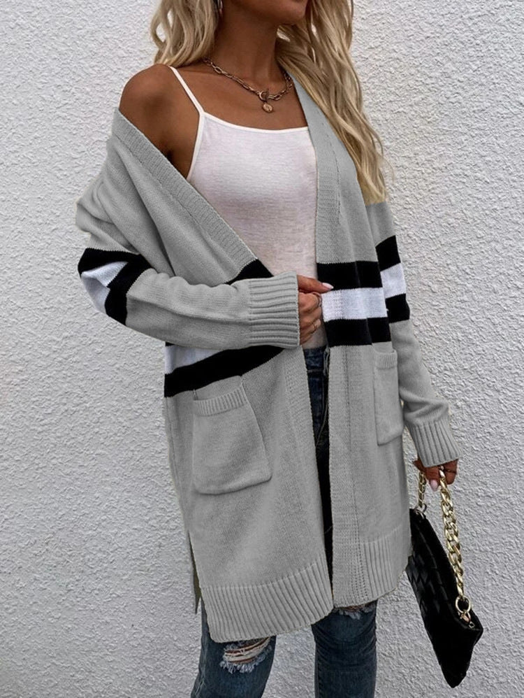 Striped Colorblock Longline Cardigan With Pockets - Grey - 2