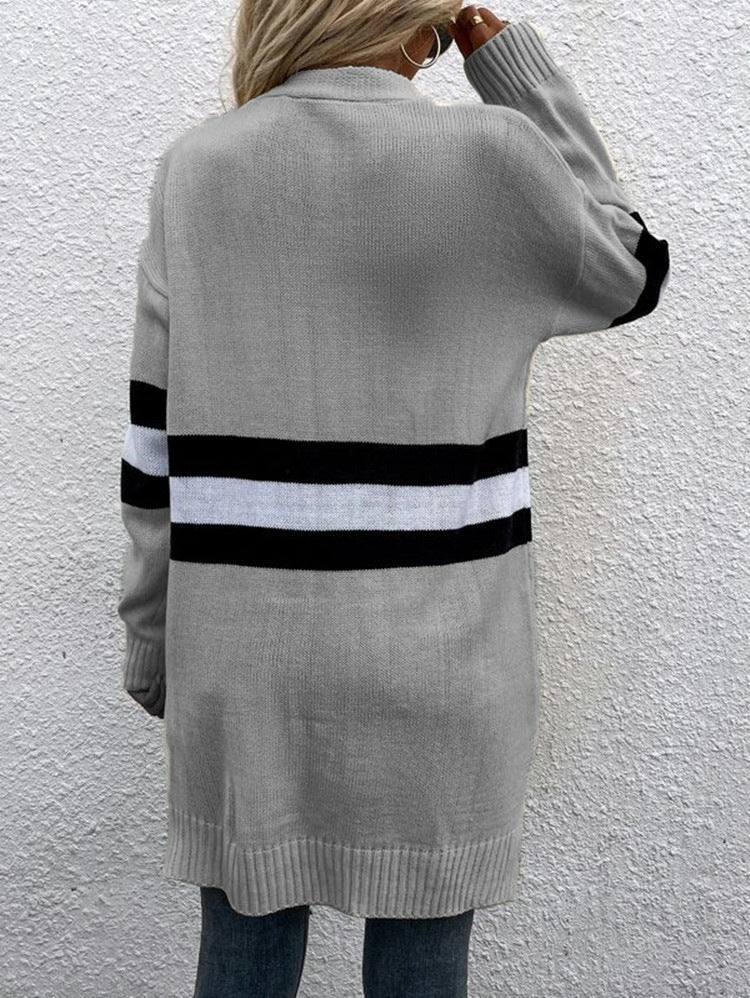 Striped Colorblock Longline Cardigan With Pockets - Grey - 3