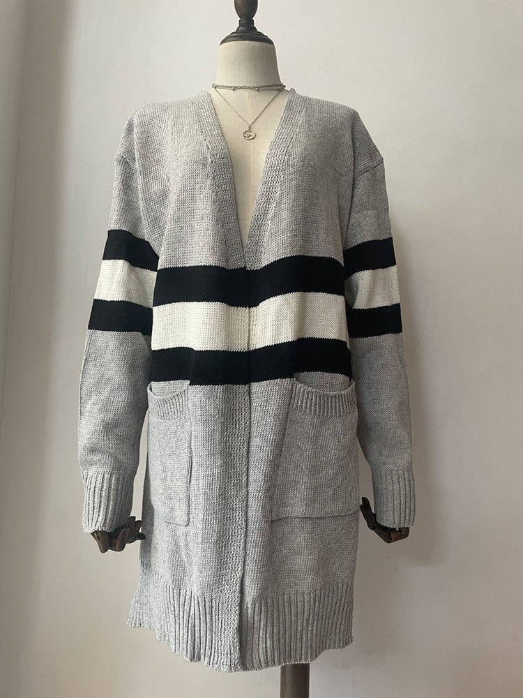 Striped Colorblock Longline Cardigan With Pockets - Grey - 4