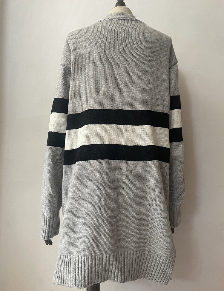Striped Colorblock Longline Cardigan With Pockets - Grey - 5