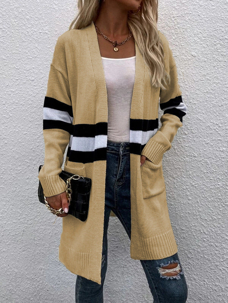 Striped Colorblock Longline Cardigan With Pockets - Khaki