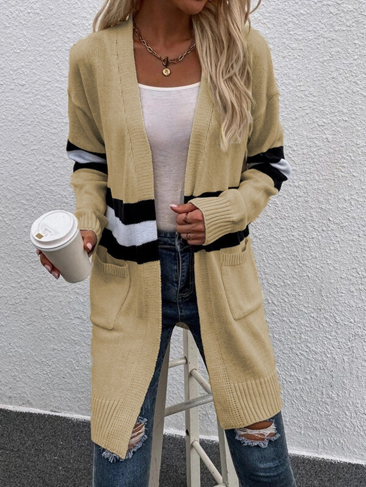 Striped Colorblock Longline Cardigan With Pockets - Khaki - 1