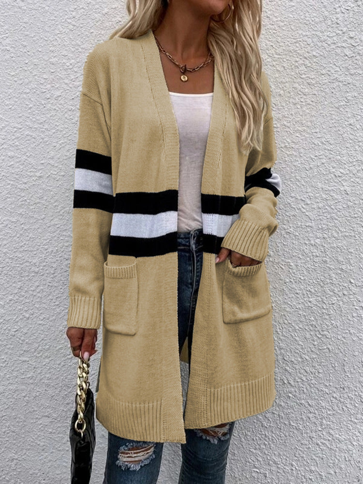 Striped Colorblock Longline Cardigan With Pockets - Khaki - 2