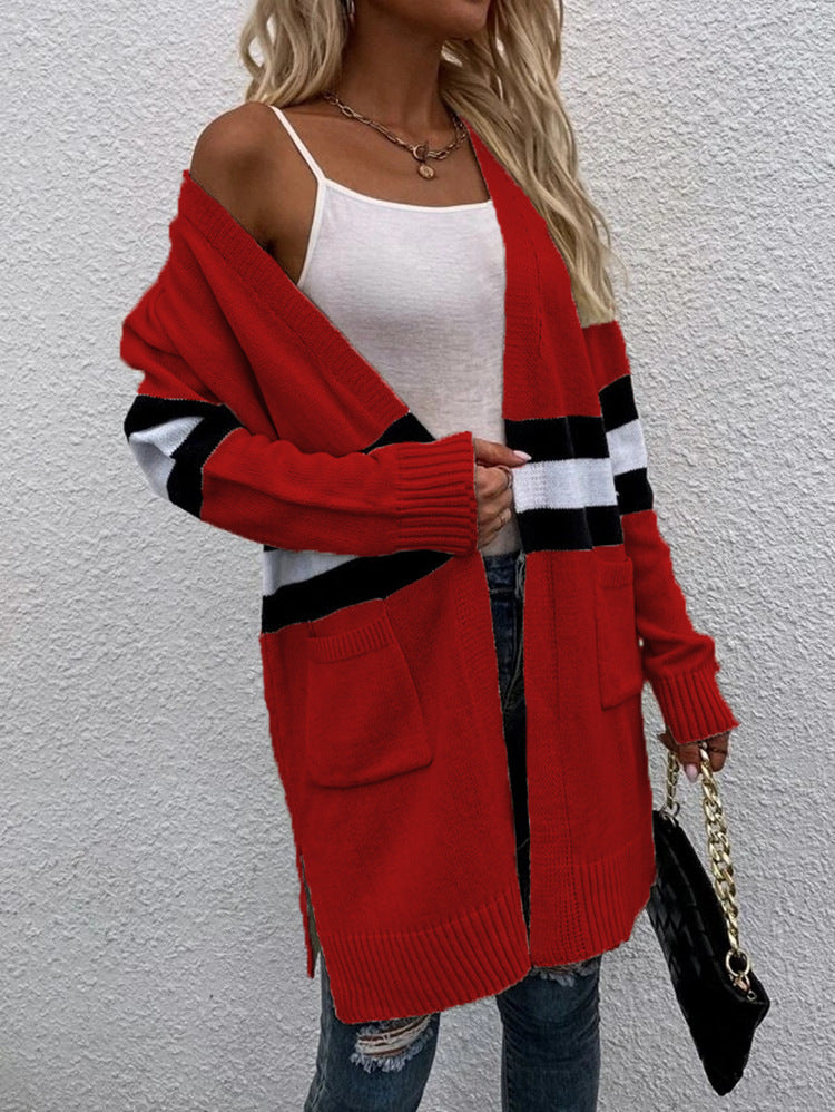 Striped Colorblock Longline Cardigan With Pockets - Red - 1