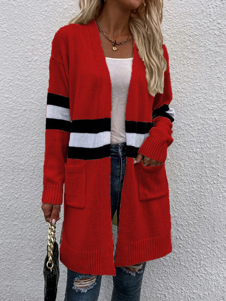 Striped Colorblock Longline Cardigan With Pockets - Red - 2