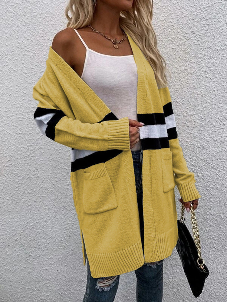 Striped Colorblock Longline Cardigan With Pockets - Yellow - 1
