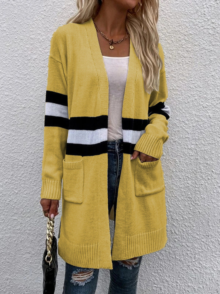 Striped Colorblock Longline Cardigan With Pockets - Yellow - 2