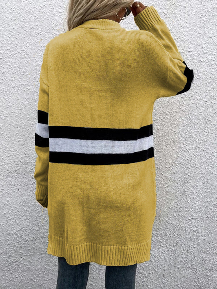Striped Colorblock Longline Cardigan With Pockets - Yellow - 3