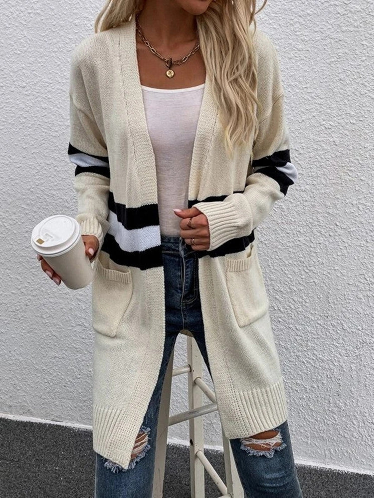 Striped Colorblock Longline Cardigan With Pockets