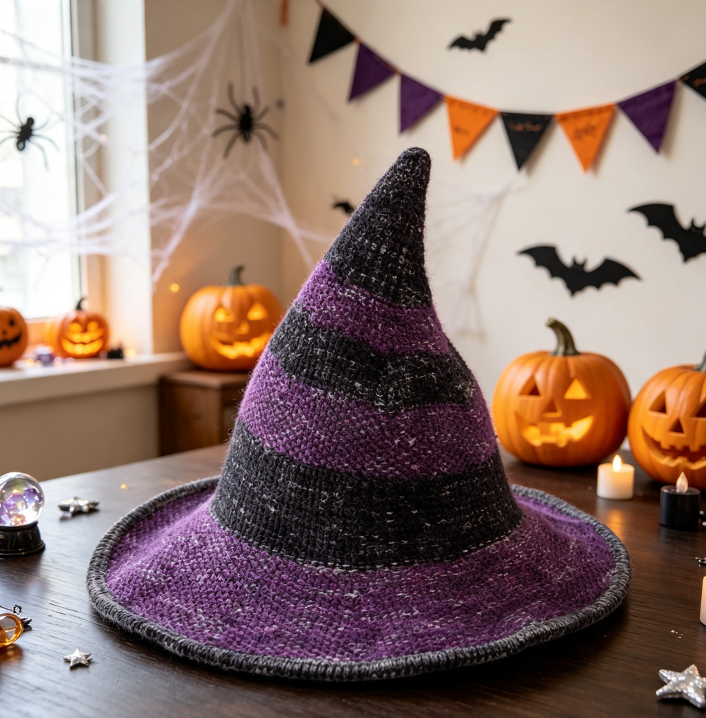 Iridescent Two Tone Knit Wizard Hat - Purple