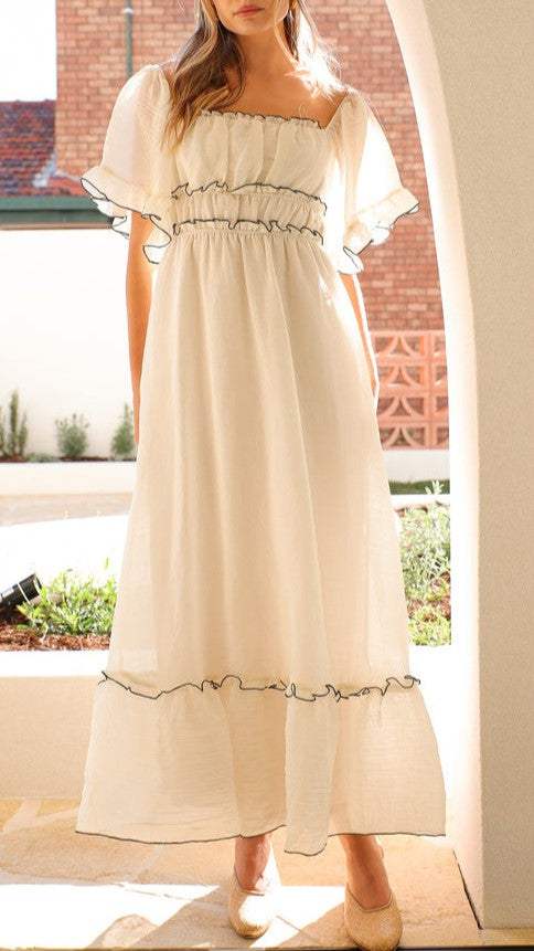 Off Shoulder Ruffle Trim Maxi Dress - white