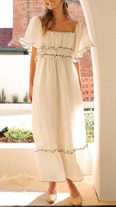 Off Shoulder Ruffle Trim Maxi Dress - white - 1