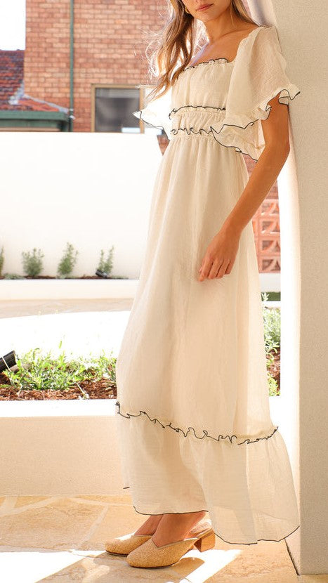 Off Shoulder Ruffle Trim Maxi Dress - white - 2