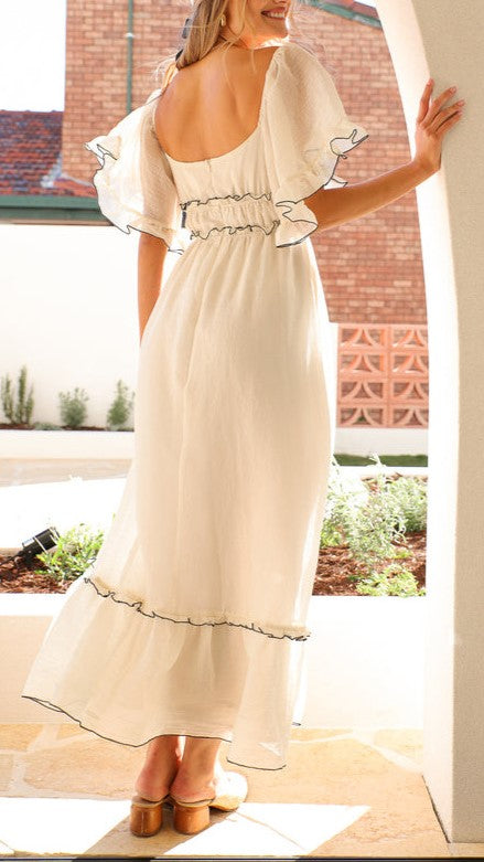 Off Shoulder Ruffle Trim Maxi Dress - white - 3