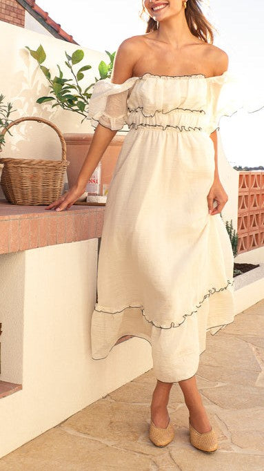 Off Shoulder Ruffle Trim Maxi Dress - white - 5