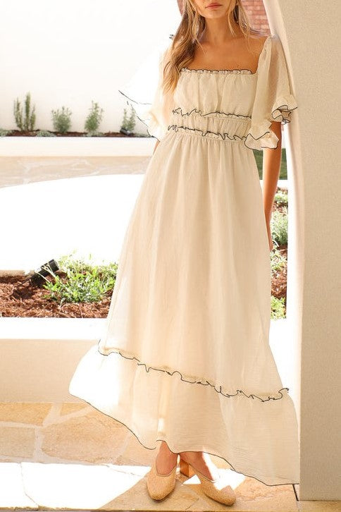 Off Shoulder Ruffle Trim Maxi Dress - white - 8