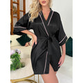 Satin Piped Kimono Robe Lounge Set - Black