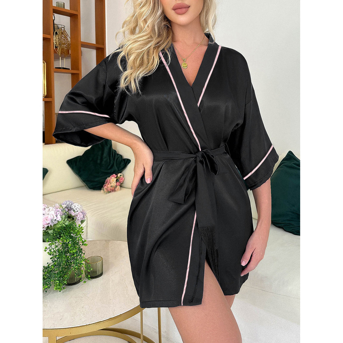 Satin Piped Kimono Robe Lounge Set - Black