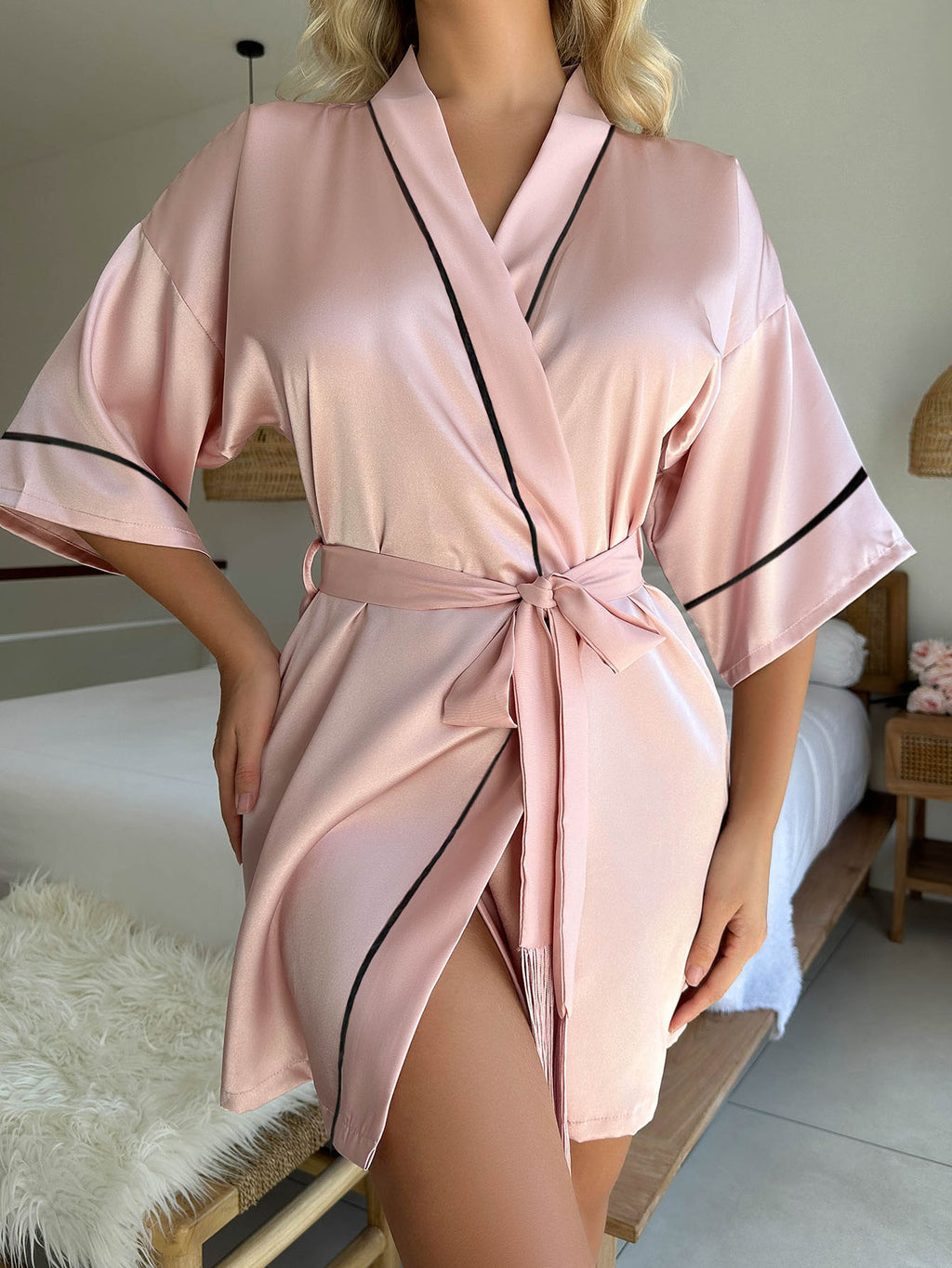 Satin Piped Kimono Robe Lounge Set - Pink
