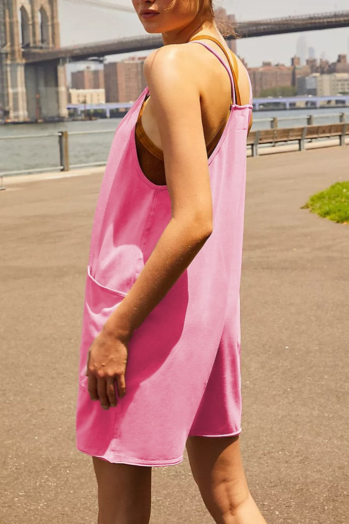 Oversized Slouchy Strappy Pocket Romper - Pink - 2