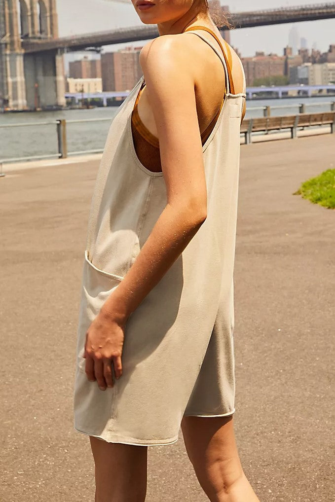 Oversized Slouchy Strappy Pocket Romper - Tan - 2