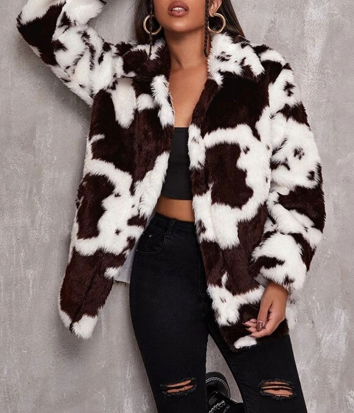 Cow Print Faux Fur Collared Coat - White