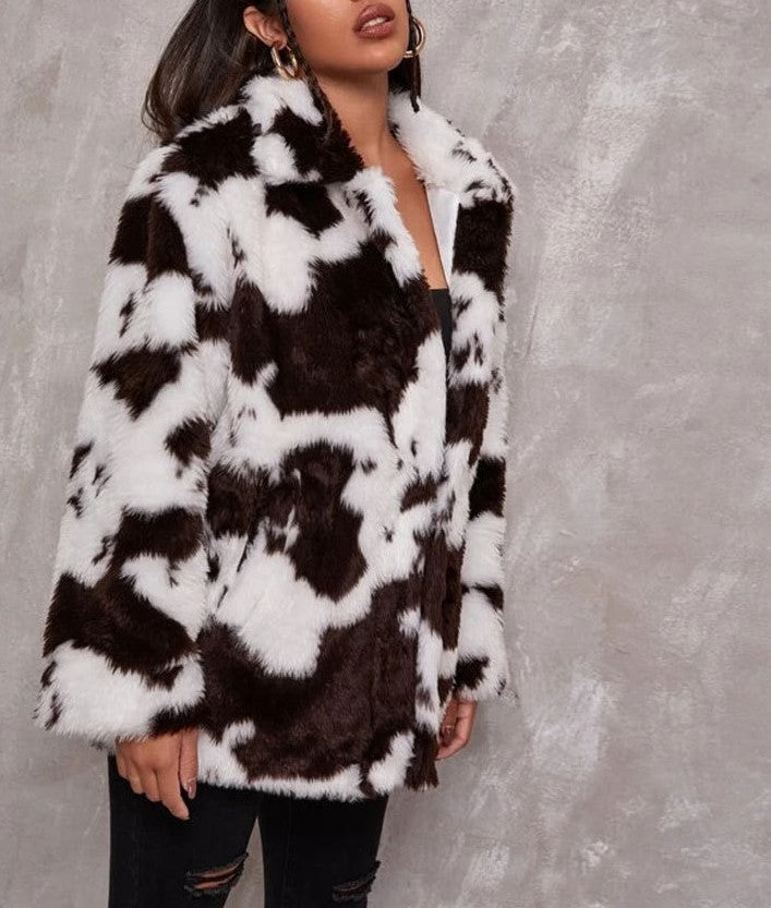 Cow Print Faux Fur Collared Coat - White - 1