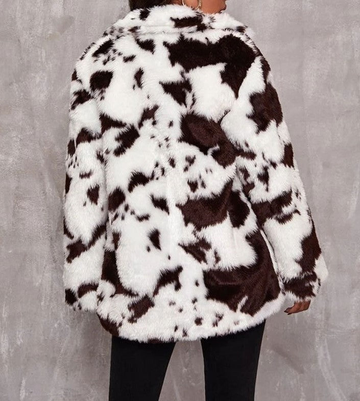 Cow Print Faux Fur Collared Coat - White - 2