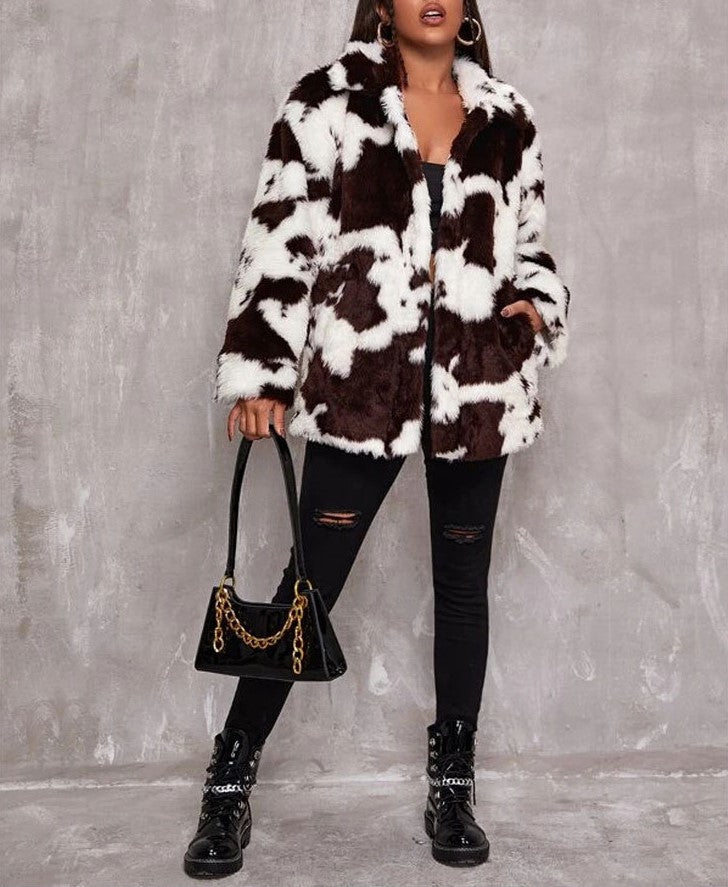 Cow Print Faux Fur Collared Coat - White - 3