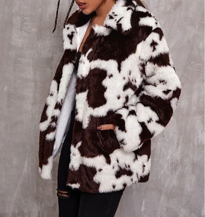 Cow Print Faux Fur Collared Coat - White - 4