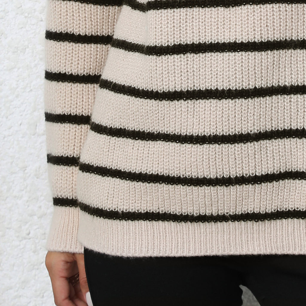 Half Zip Striped Collared Knit Sweater - Beige - 2