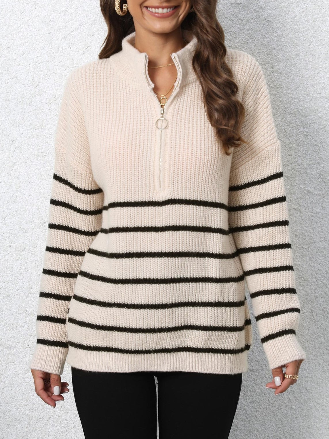 Half Zip Striped Collared Knit Sweater - Beige - 4