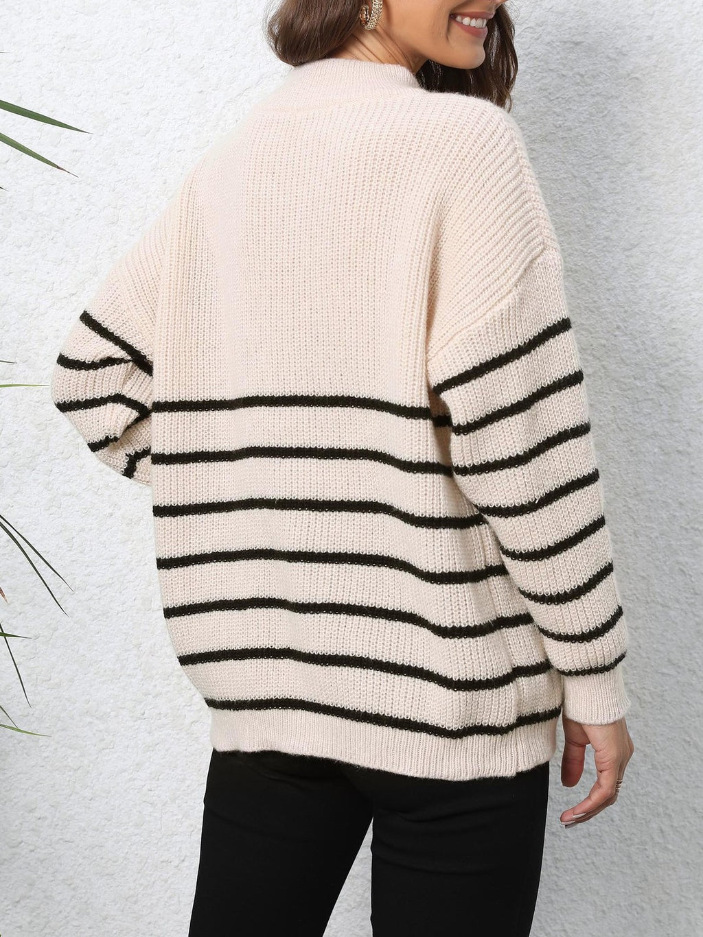 Half Zip Striped Collared Knit Sweater - Beige - 7