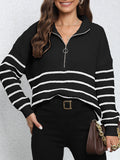 Half Zip Striped Collared Knit Sweater - Black