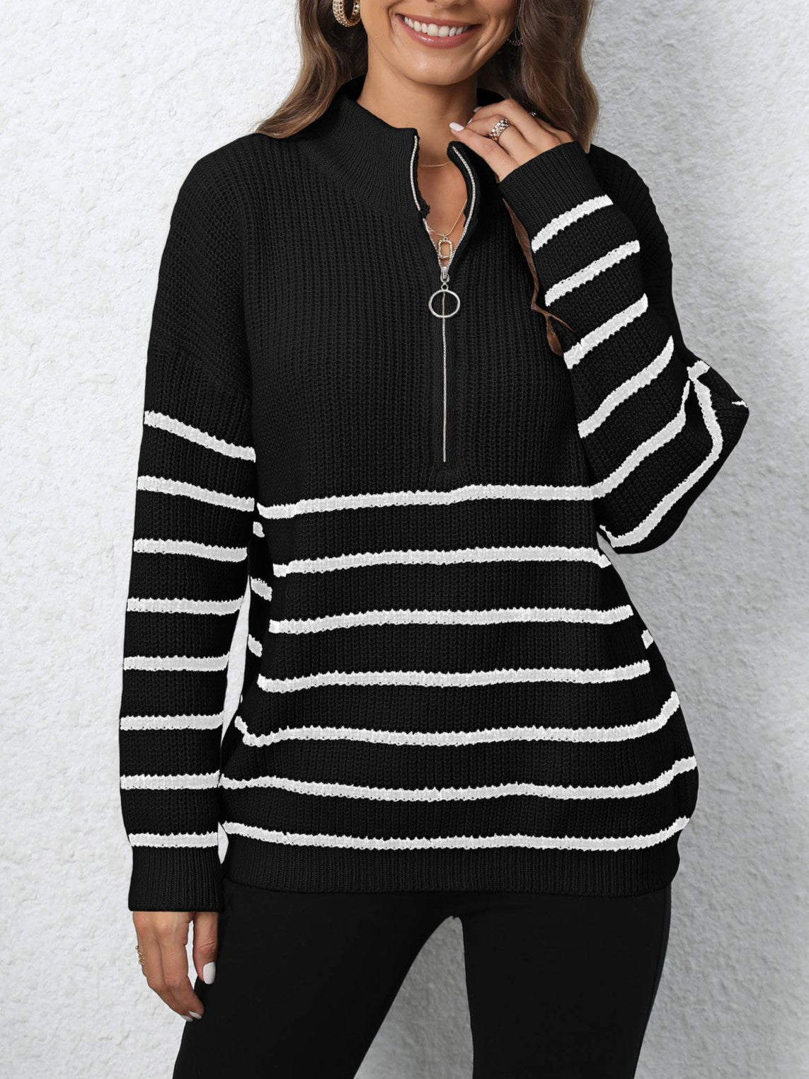 Half Zip Striped Collared Knit Sweater - Black - 1