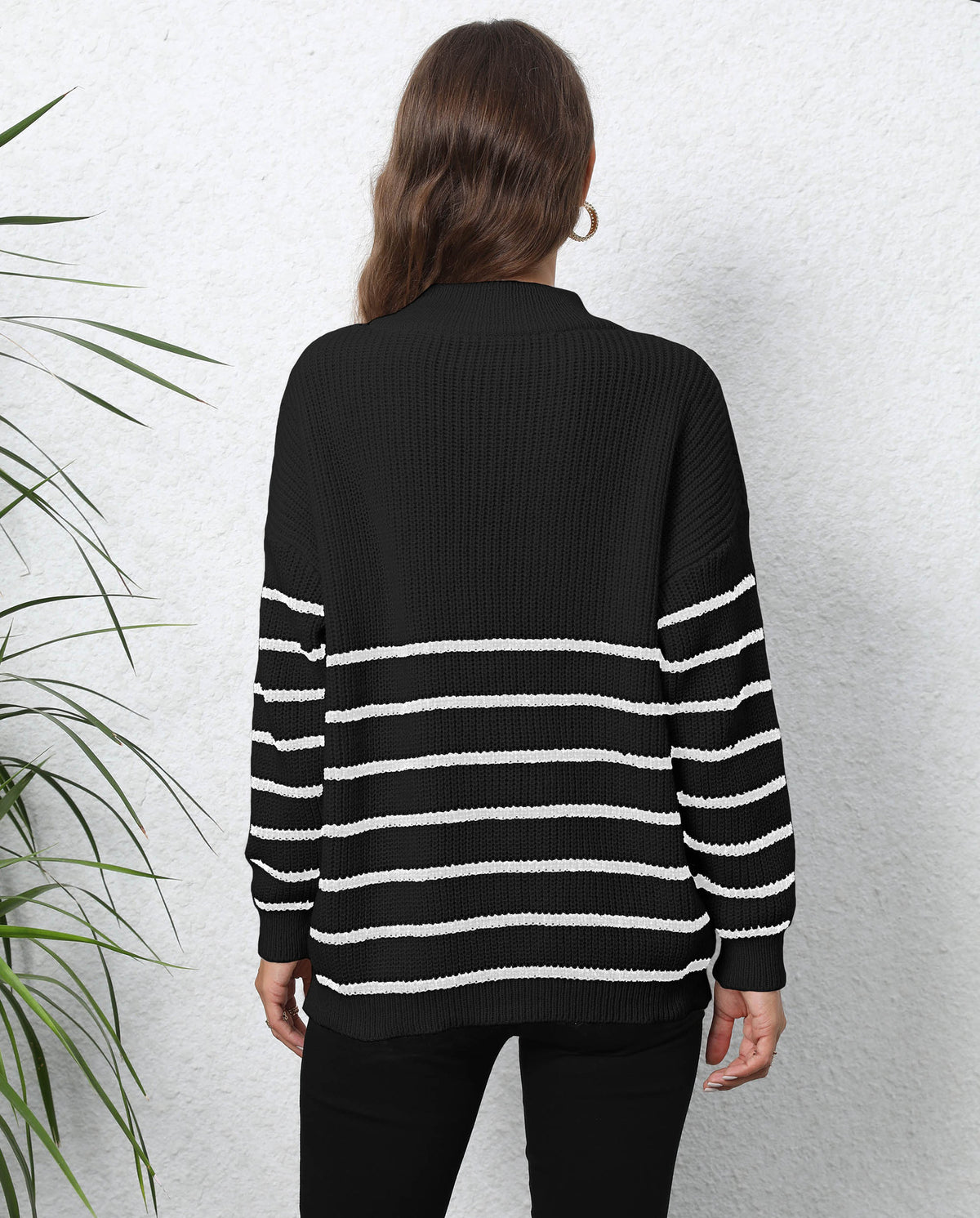 Half Zip Striped Collared Knit Sweater - Black - 2